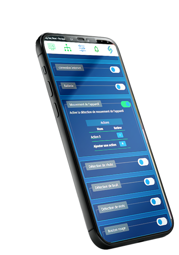 Écran de l'application sayseeshow.io : les détections activées sur le smartphone (mouvement de l'appareil, sons, bouton rouge) et l'état de la connexion et de la batterie
