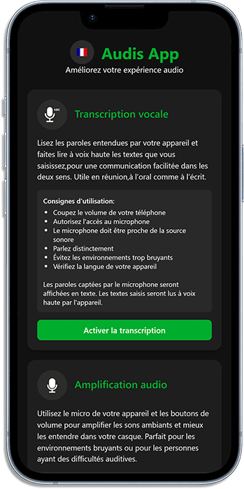 Capture d'écran de l'application Audis App sur smartphone