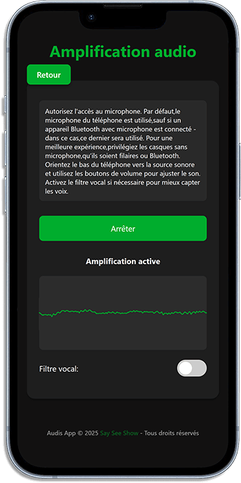 Capture d'écran de l'amplification audio en cours dans Audis App