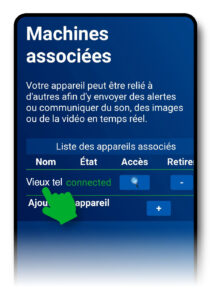 Liste des appareils associés, avec le statut « Connected » en vert