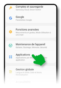 Paramètres du smartphone Android, menu « Applications »