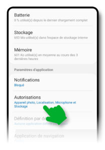 Réglages de l'application Chrome dans Android, menu « Autorisations »