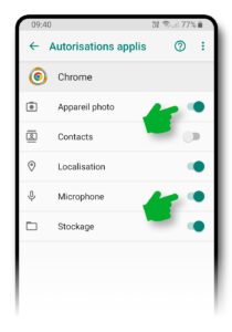 Autorisations de Chrome pour Android : appareil photo et microphone autorisés