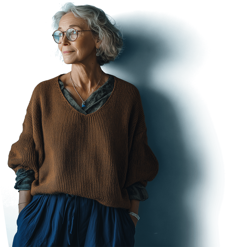 Portrait d'une femme âgée souriante, photographiée lors d'une séance d'aide à domicile
