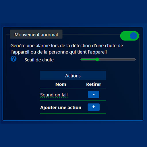 Écran de l'application : la détection d'un mouvement anormal, avec son seuil de chute réglable