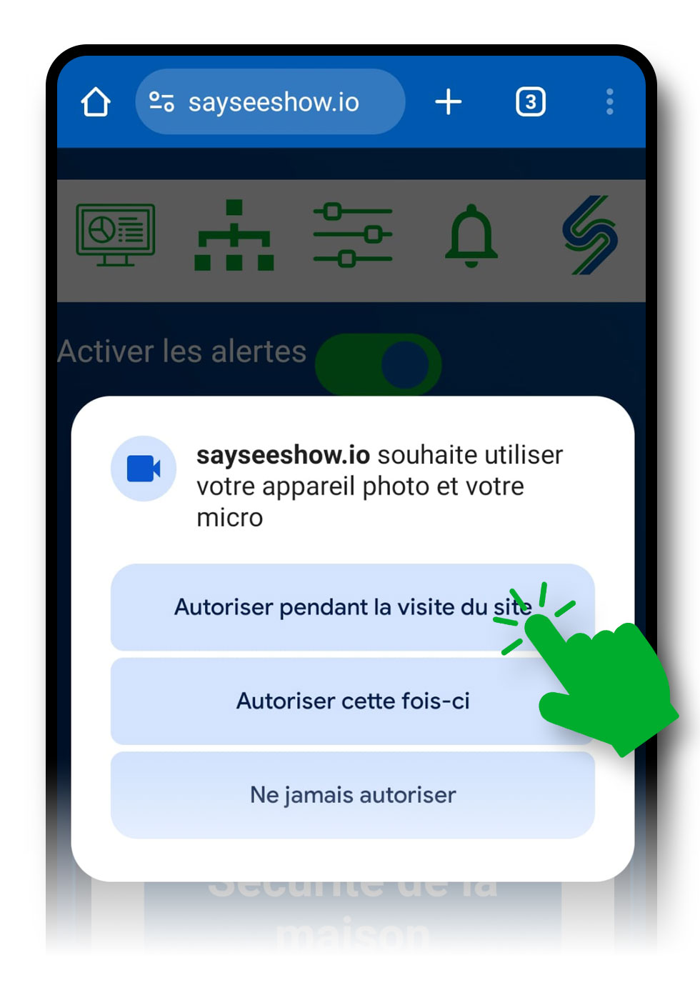 Écran d’installation de l’application sayseeshow.io sur un ancien smartphone