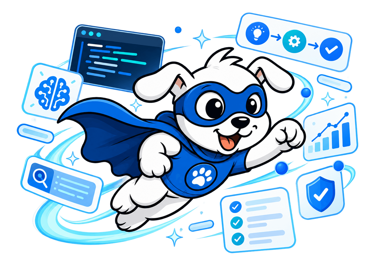 Mascotte VisiDog, un chien en costume de super-héros, entouré d'interfaces flottantes